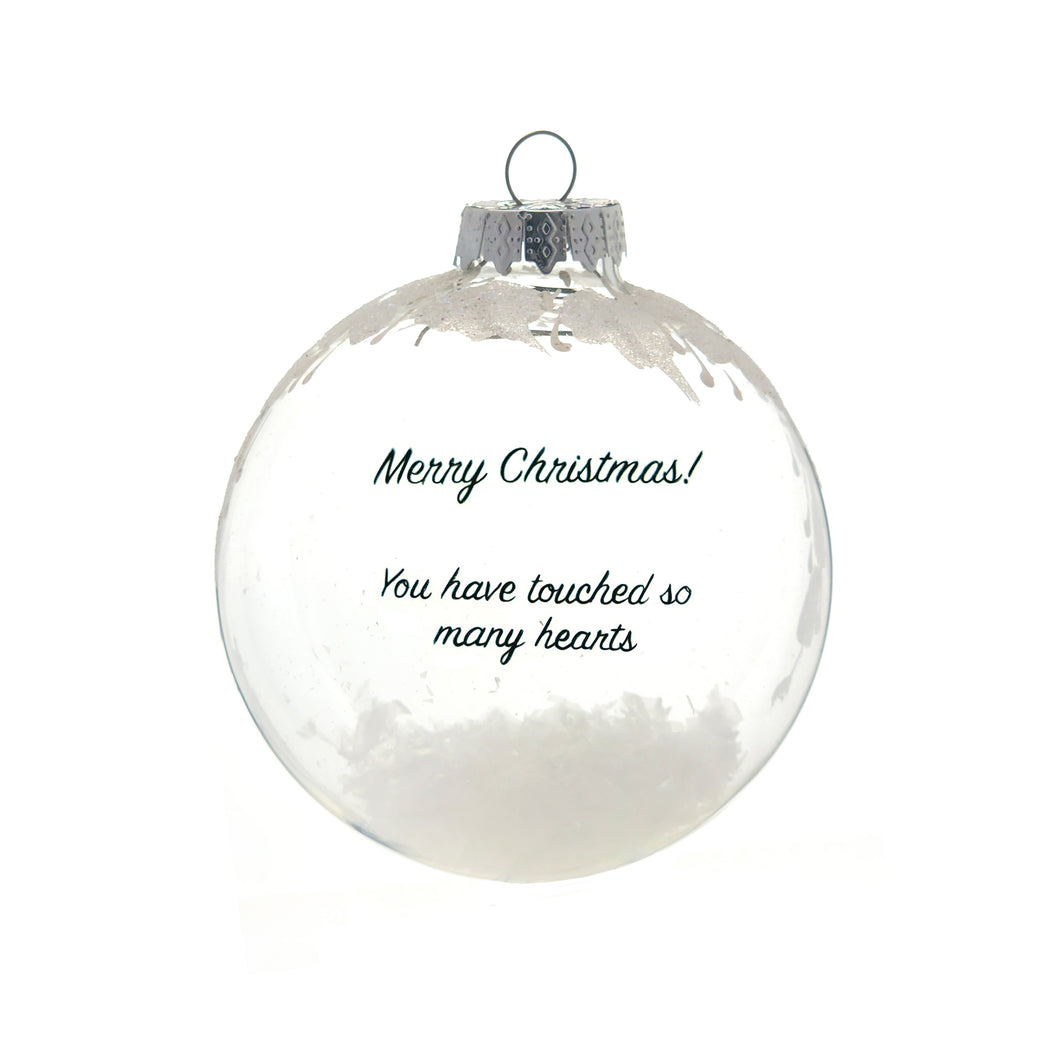 Clear Glass White Floral Design and Floating Text Ornaments